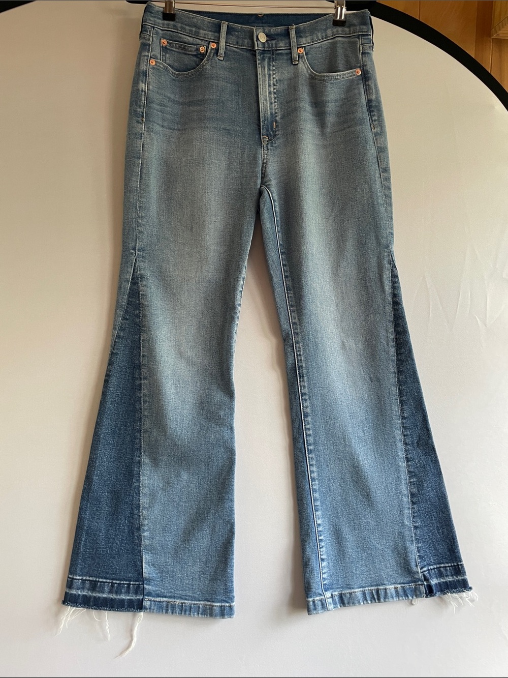 GAP High Rise 70s Flare Jeans Two Tone Colorblock Raw Hem 30 10P